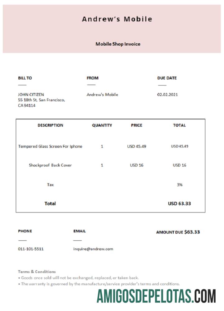 Fatura móvel de Andrew nos EUA modelo